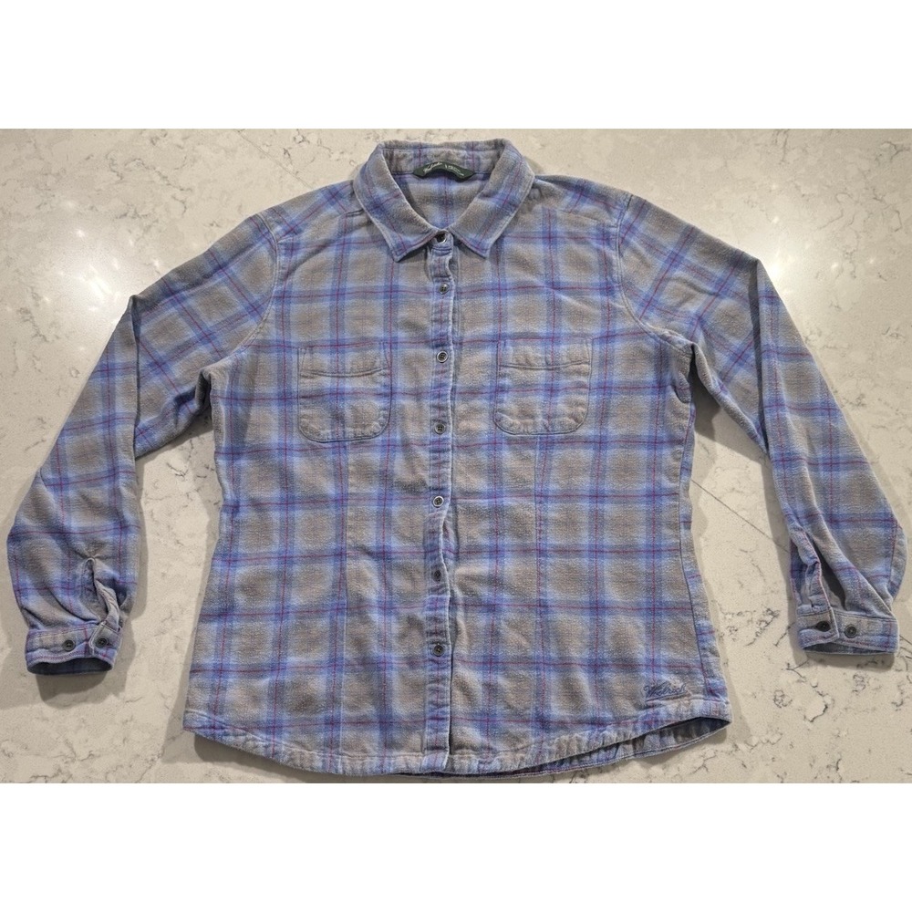 Woolrich Flannel Shirt Womens Large Sapphire Blue Plaid 100% Cotton Long Sleeve
